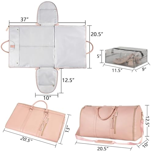 CHENGSHIDIANZI Garment Duffle Bags for Travel, Convertible Carry On Garment Bag with Shoe Compartment, Foldable 2 in 1 Waterproof Garment Duffle Bag, Travel Suit Duffel Bag for Gift-Pink