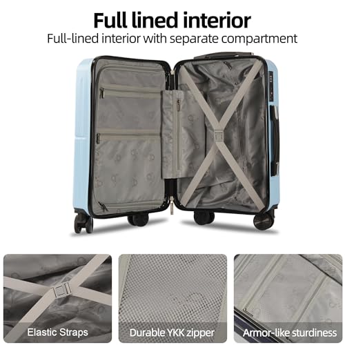 TRACK TRAVEL 1 Piece Carry on Luggage ABS+PC Hardshell TSA Lock Aluminum Trolley Spinner Wheels (Sky Blue