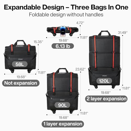 mixi Travel Bag with Wheels Expandable Foldable Luggage Bag Collapsible Rolling Travel Bag Duffel Bag Large Capacity Suitcase for Men Women, Black