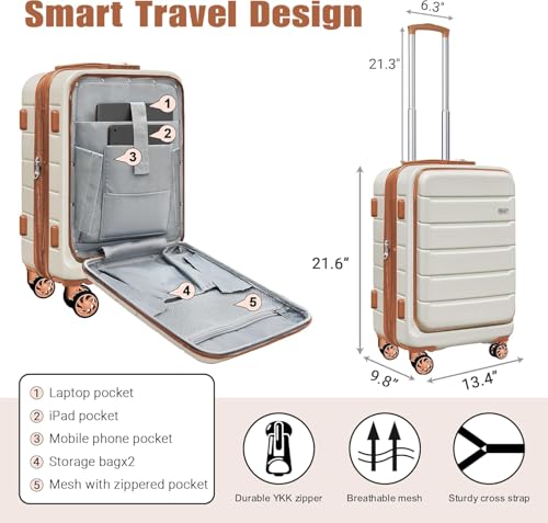 SmileLine 20 inch Carry-On Luggage Set with TSA Lock, Lightweight Hardside Suitcase with Spinner Wheels, Expandable Checked Luggage with Front Pocket, Bonus Travel Backpack & Makeup Bag, White-Brown