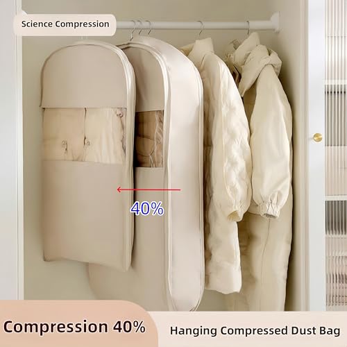 IntoGalaxy Space Saving Hanging Garment Bag with Compression Zipper, Clothes Organizer & Suit Cover for Closet Storage or Travel, Hanging Cover for Coats & Jackets(Beige, M)