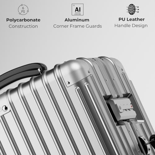KARGO 20 Inch Carry-On Luggage - Polycarbonate Hard Shell Suitcase with Aluminum Corners, Smooth-Rolling Wheels, Leather Handle, Aluminum Frame Luggage, Zipperless TSA Lock (Silver
