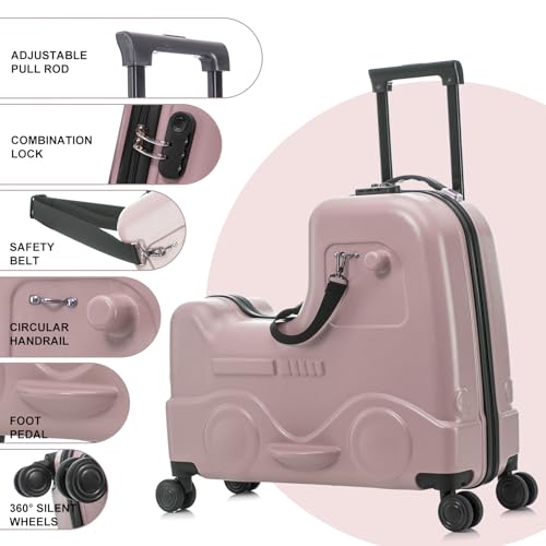 22 Inch Ride on Suitcase for Kids, Travel Luggage with Spinner Wheels for Child Travelling Stroller with Combination Lock/Safety Belt/Telescoping Handle (Pink)