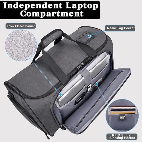 HILOMON Travel Garment Duffle Bag with Laptop Compartment, RFID Blocking Convertible Suit Bag Name Tap Pocket Carry On 2 in 1 Hanging Suit Travel Duffel Work Pouch