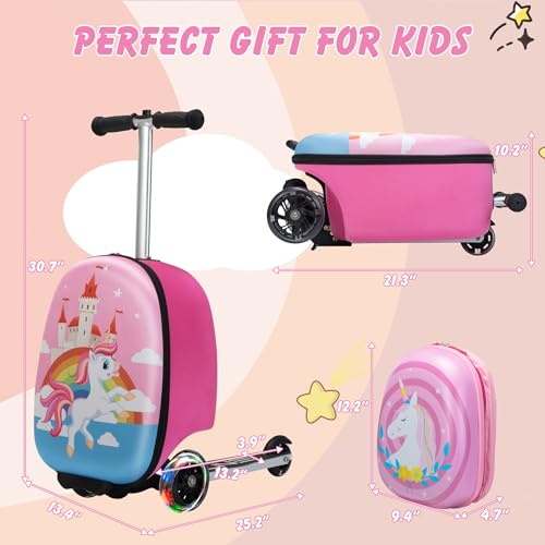VLIVE Scooter Suitcase, Kid Carry on Luggage Scooter, Children Ride on Luggage for Girls, Luggage for Kids (Unicorn)