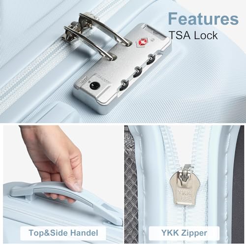 Somago Luggage Sets 20in Carry on Suitcase with TSA Lock YKK Zipper Spinner Wheels ABS Hardside Luggage 3 Piece Weekender Bags Travel Set, Light Blue