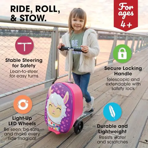 KIDDIETOTES Ride-On Scooter Suitcase for Kids – Hardside Lightweight Carry-On Luggage with Foldable Scooter, LED Wheels, Travel Fun for Toddlers & Children