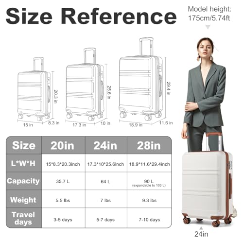Kono 24 Inch Luggage Suitcase Lightweight with Spinner Wheels TSA Lock Hardside Medium Checked Luggage Durable Rolling Suitcase Cream White