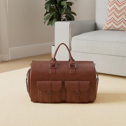 seyfocnia Carry On Garment Bag, Waterproof Mens Garment Bag for Travel Business, Large Leather Duffel Bag with Shoe Compartment -Brown