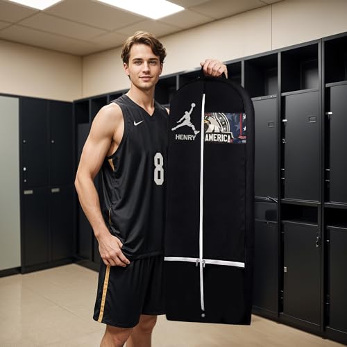 Personalized Garment bag for Hanging Clothes - Custom Basketball Black Sport Bag With 2 Mesh Pockets for Baseball, Hocky, Football- Ideal for Sport Customs, Uniform Cover Bag with Carry Handle
