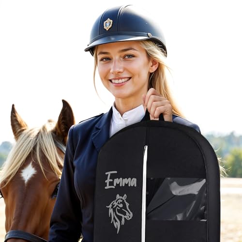 Personalized Garment bag for Hanging Clothes -Embroidered Horse Show Breathable Black Uniform Bags With 2 Mesh Pockets for Horse Show Riding Wear, Contest Uniform, Custom Cover Bag with Carry Handle