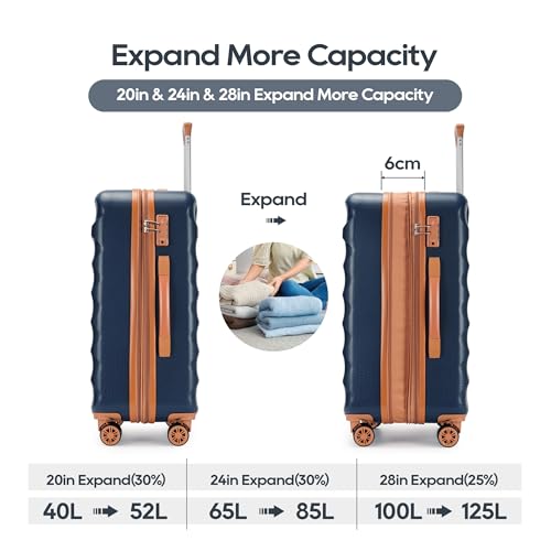 GinzaTravel 3-piece expandable luggage sets with Spinner Wheels， Suitcase with TSA Lock，Large Luggage for Family Travel & carry on 20/24/28，Blue + Brown color